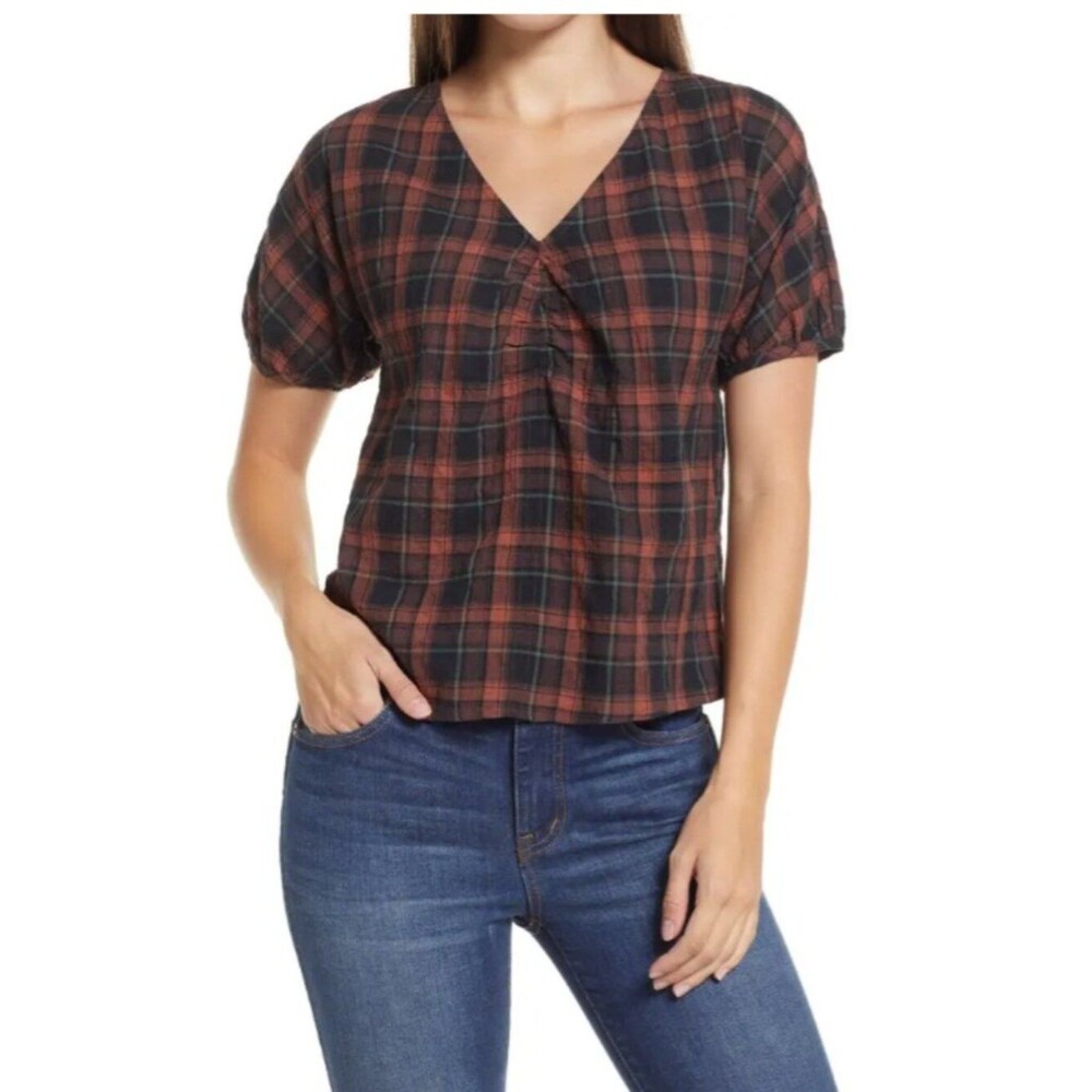 Madewell Gathered V-Neck Top in Plaid Size Medium